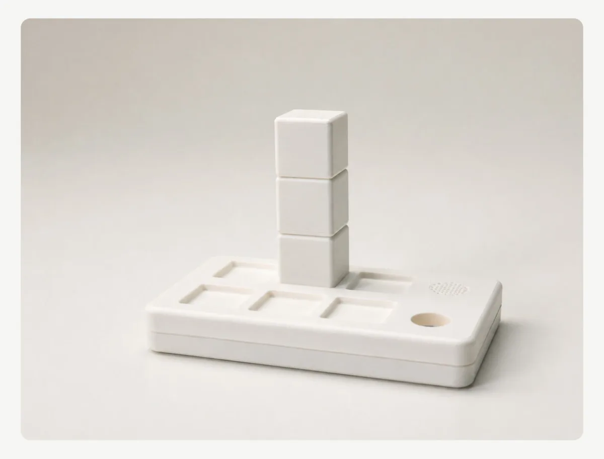Early white concept model: three plain cubes stacked on a gridded base