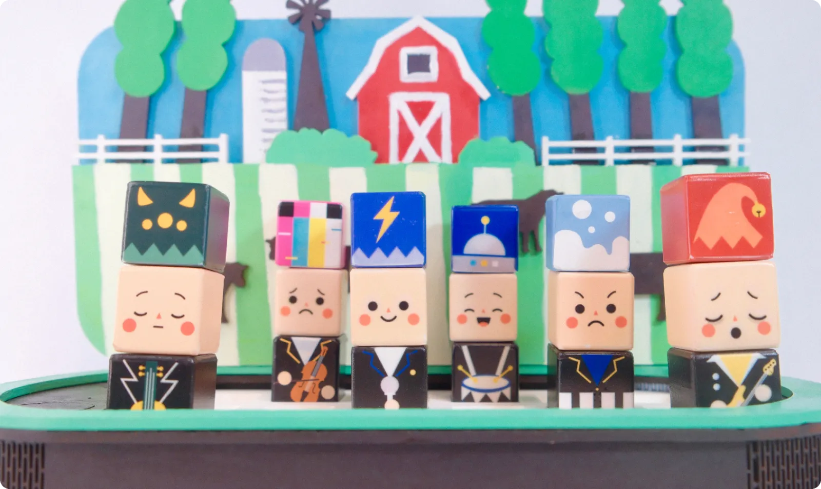 Six Bandy band members lined up in front of the farm stage