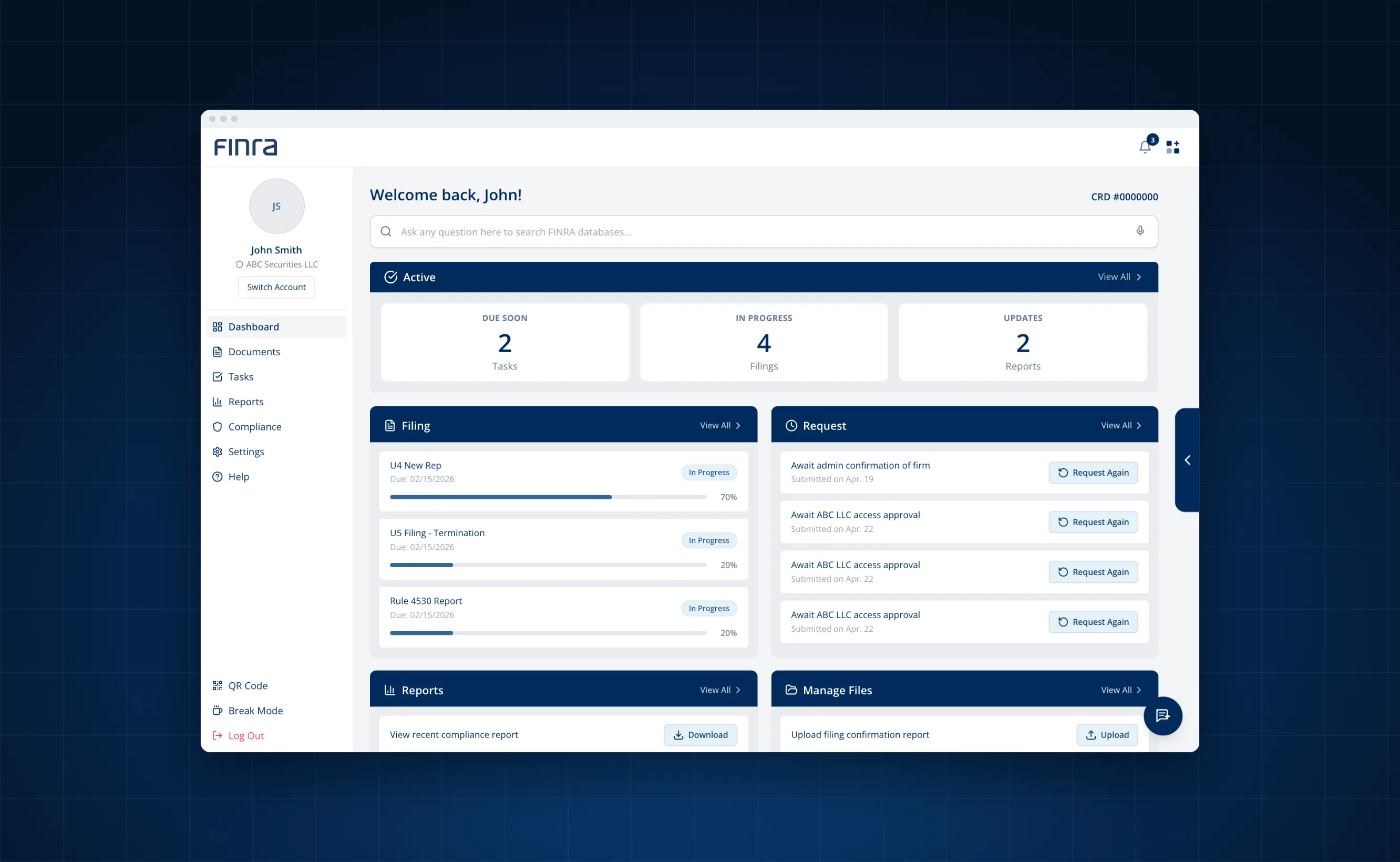 The redesigned FINRA dashboard in a browser window on a deep blue background