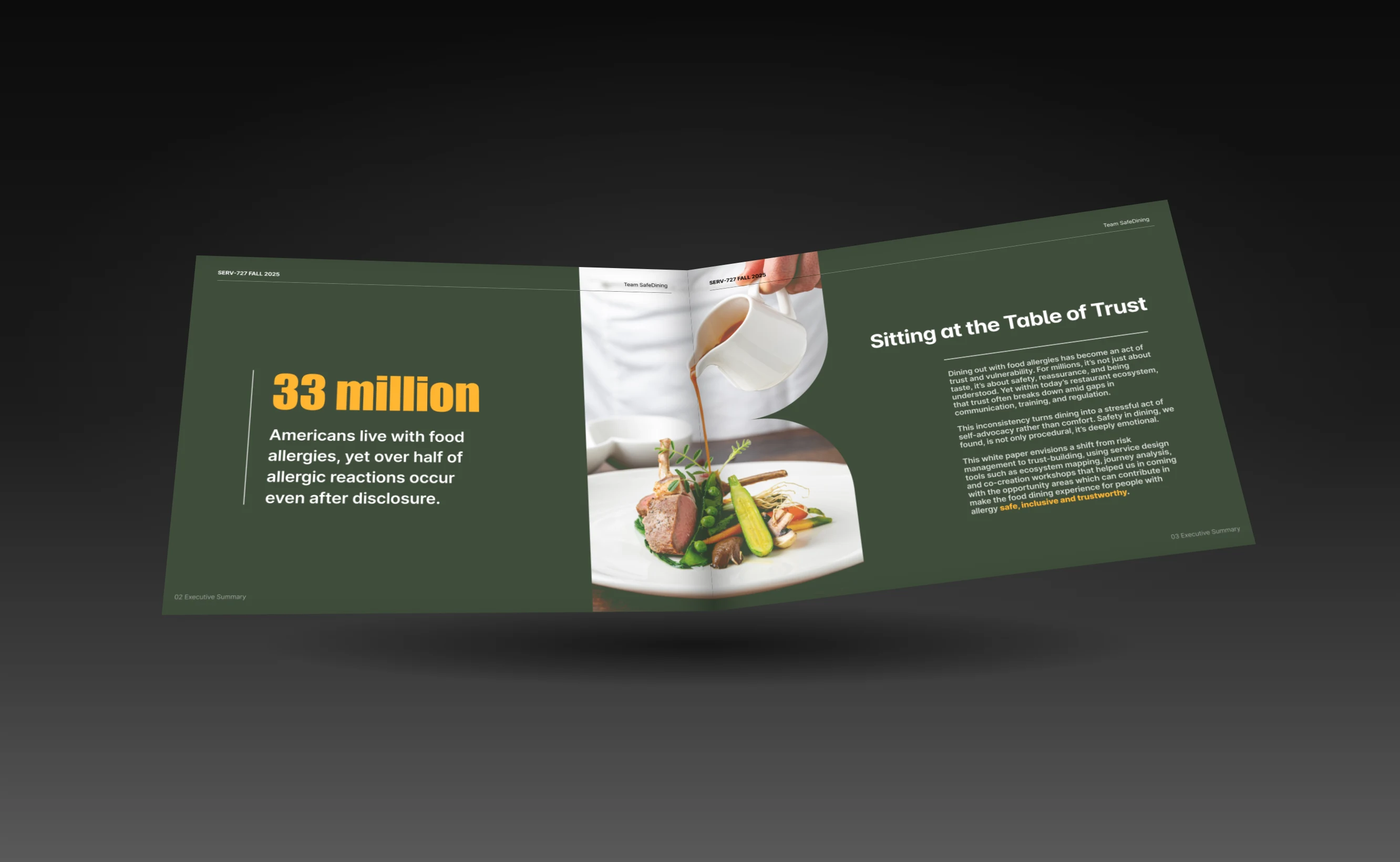 Safe Dining white paper open on a spread about 33 million Americans with food allergies