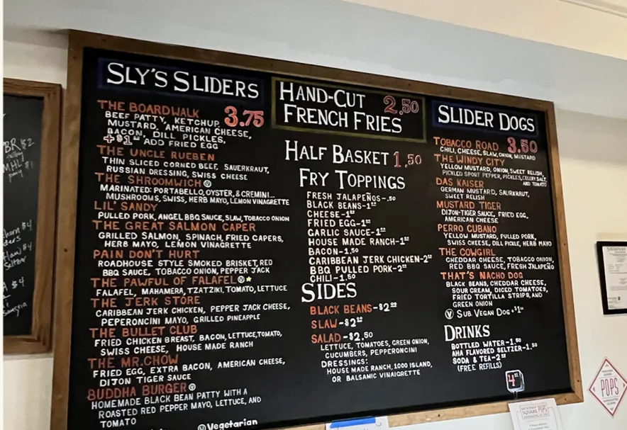 Chalkboard menu at Sly’s Sliders