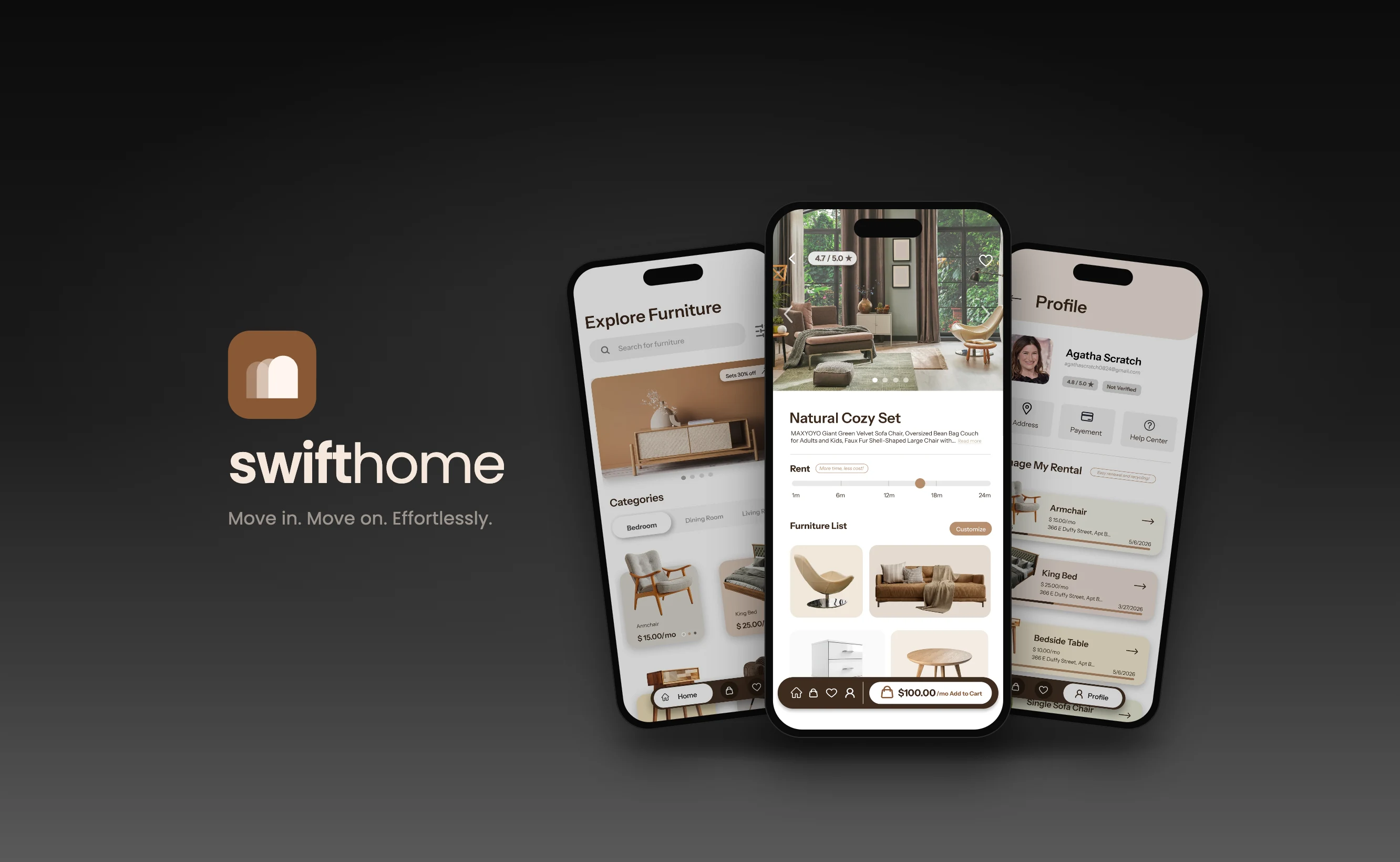 SwiftHome furniture rental app on three phones