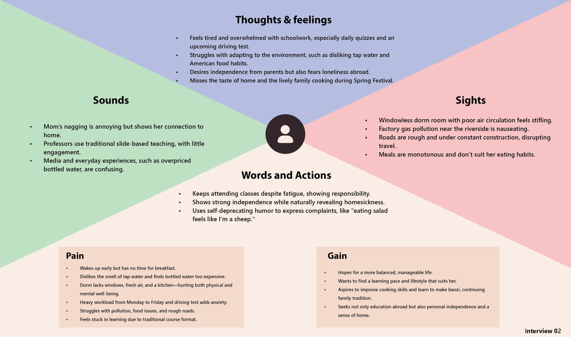 Empathy map for interview 02: thoughts, sounds, sights, words, pain and gain