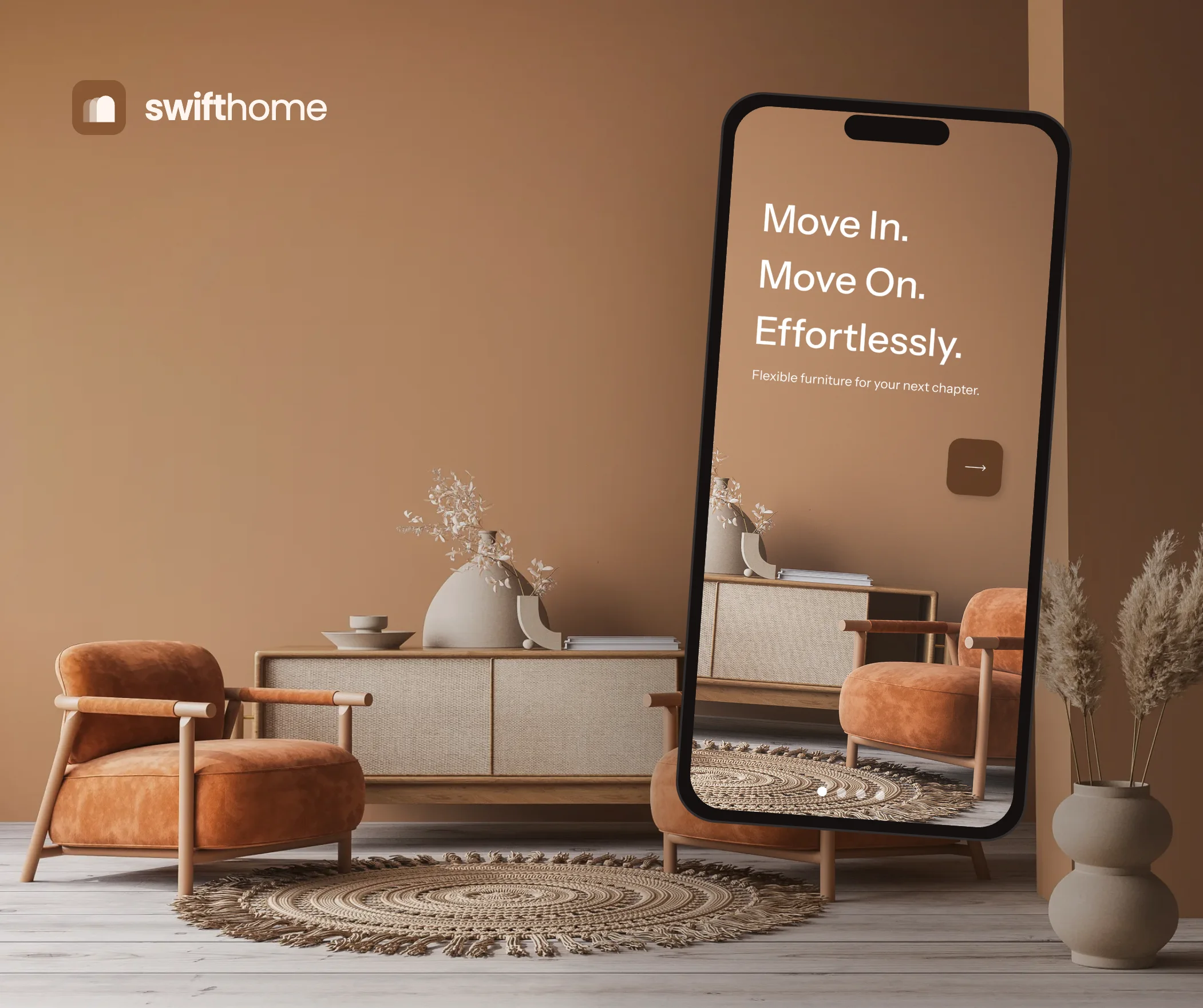 SwiftHome welcome screen in a warm living room