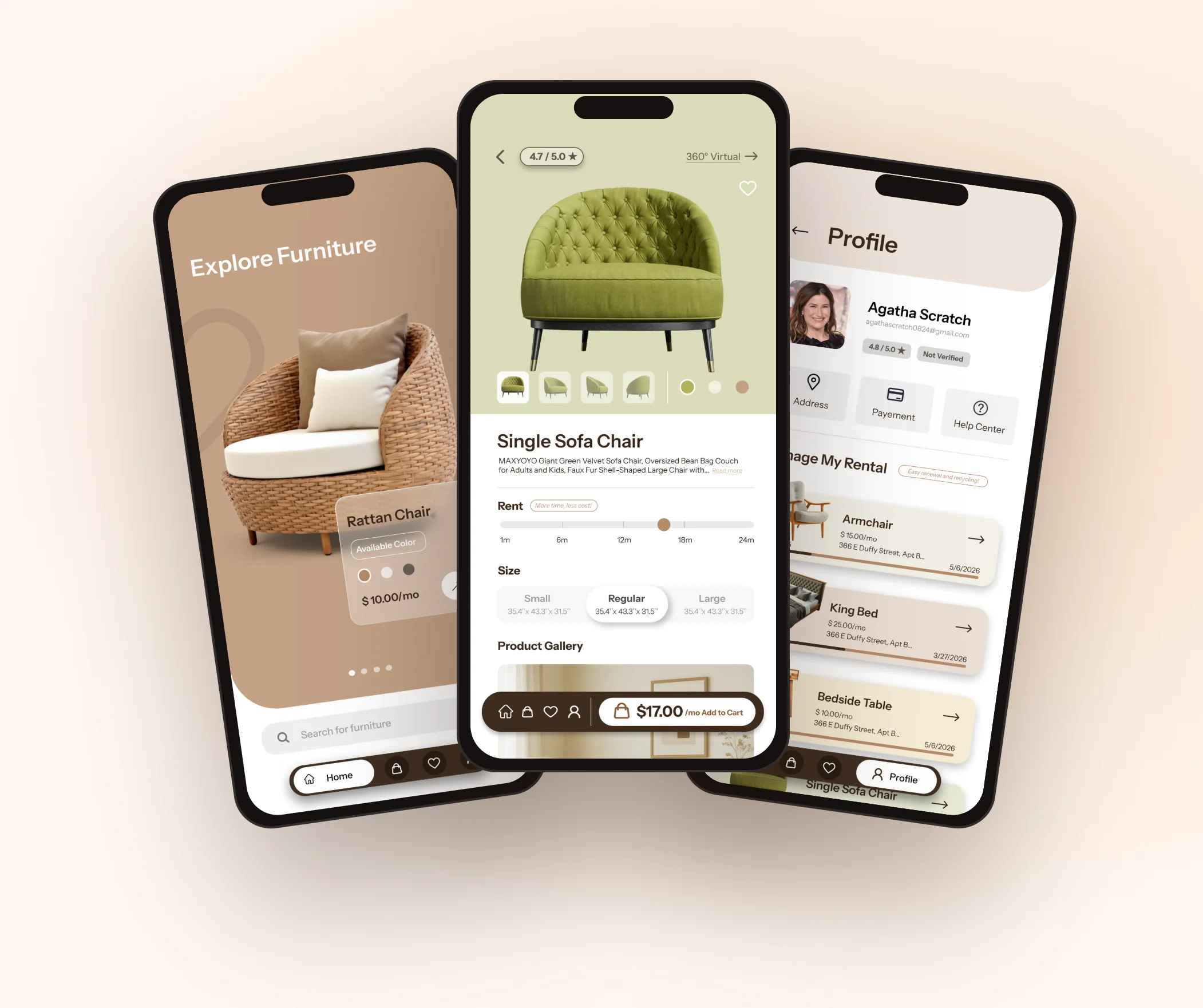 SwiftHome app: explore, product detail and profile screens