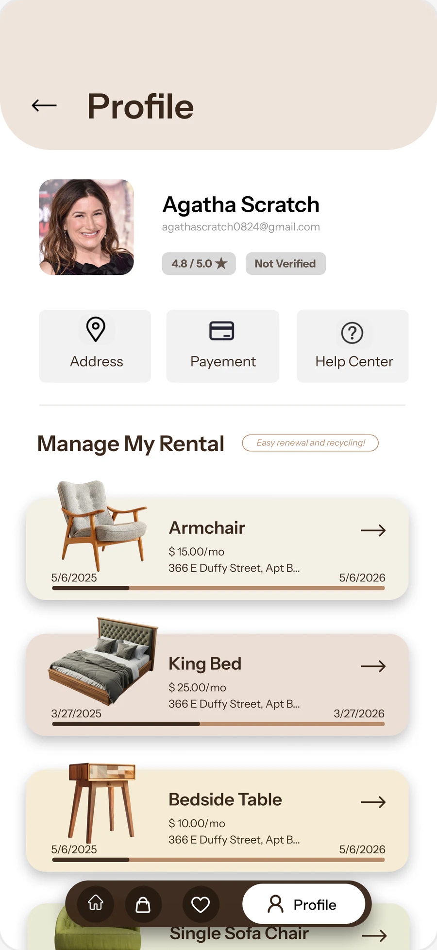 Profile and rentals screen