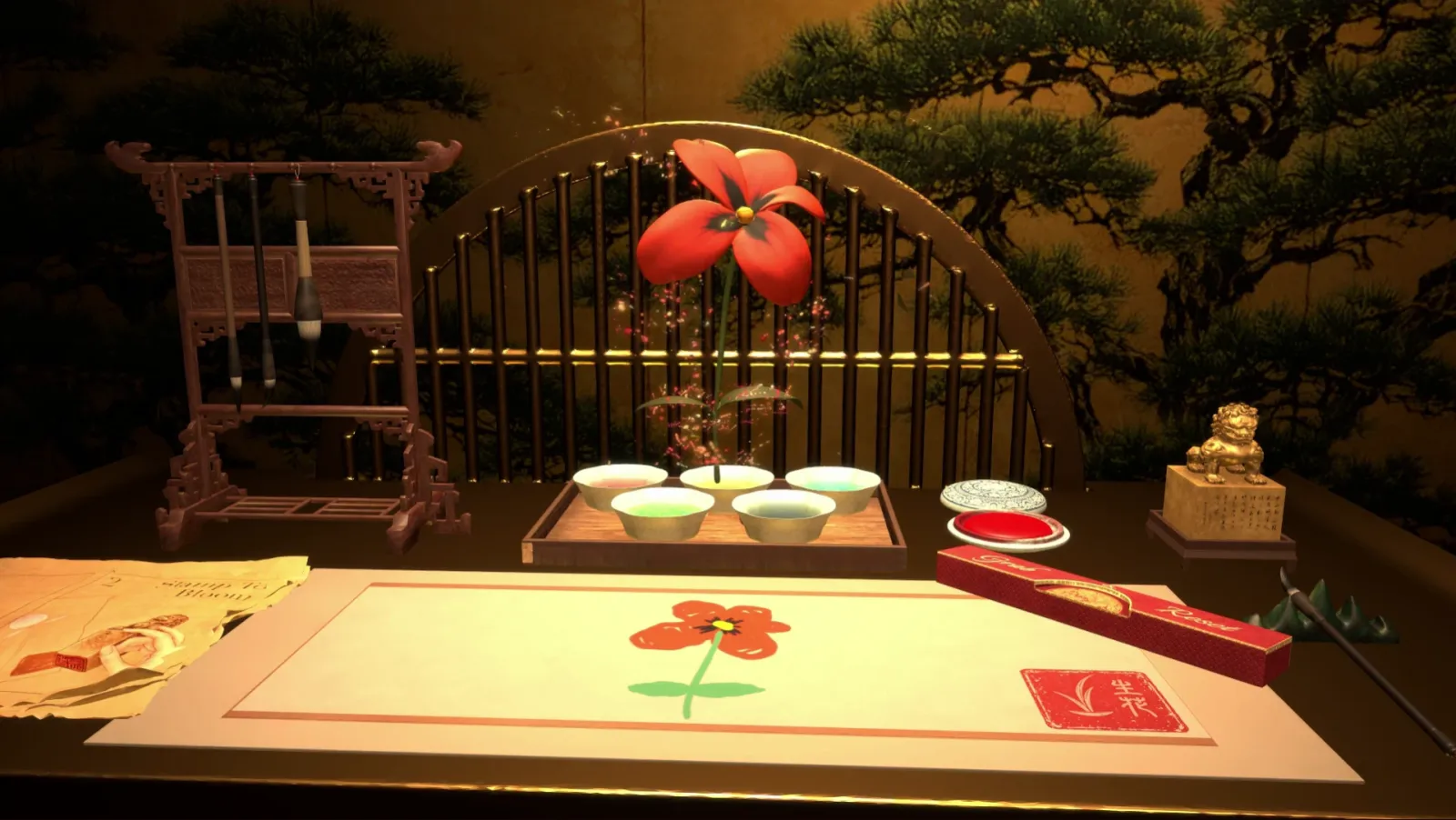 A painted red flower beside a seal, turned into a 3D bloom