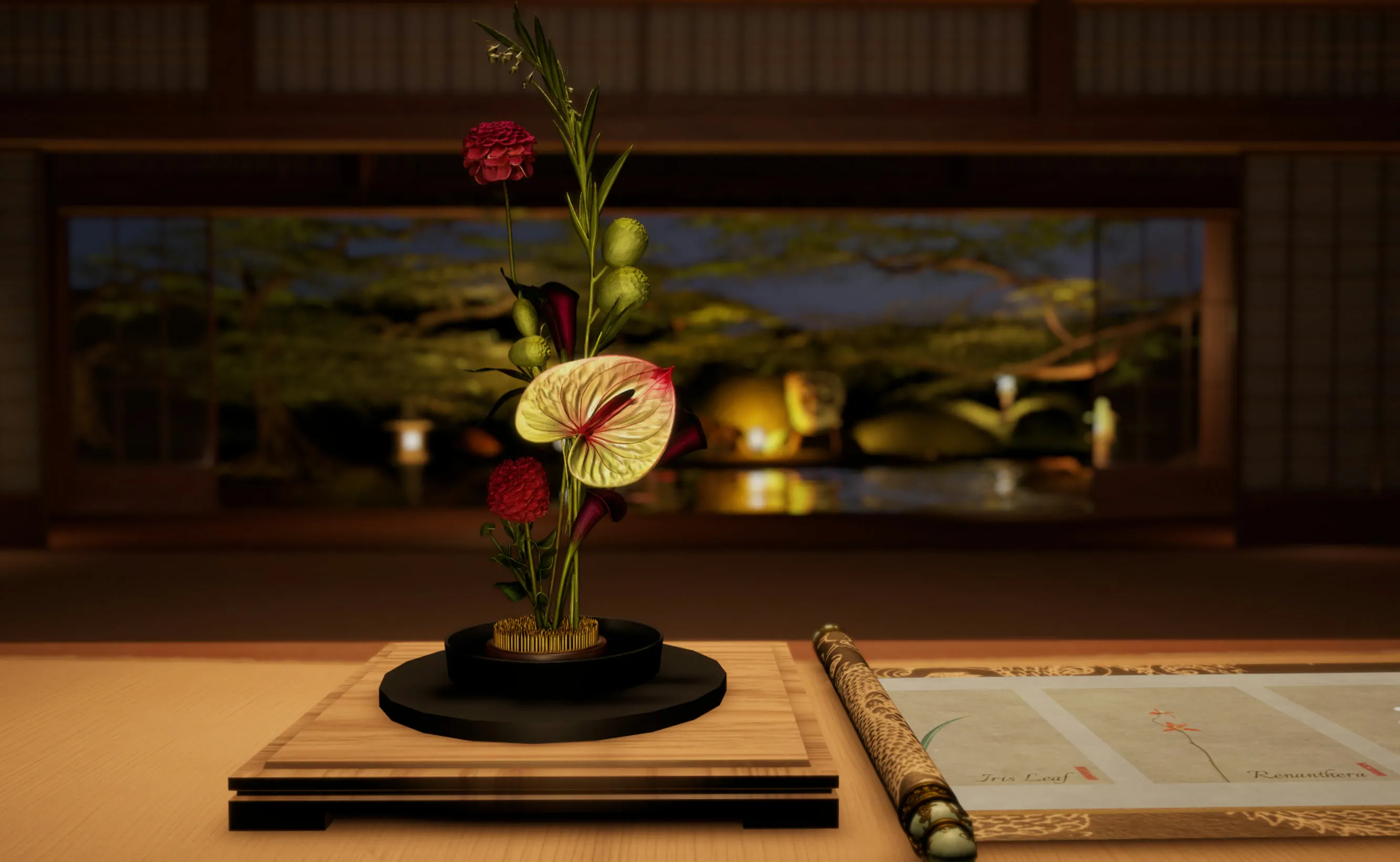 A finished ikebana arrangement in Zen Bloom VR, a night garden behind