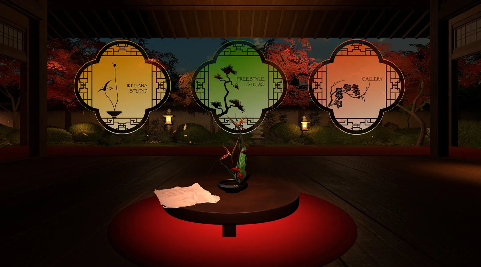 Three moon windows to choose a studio, over a red rug