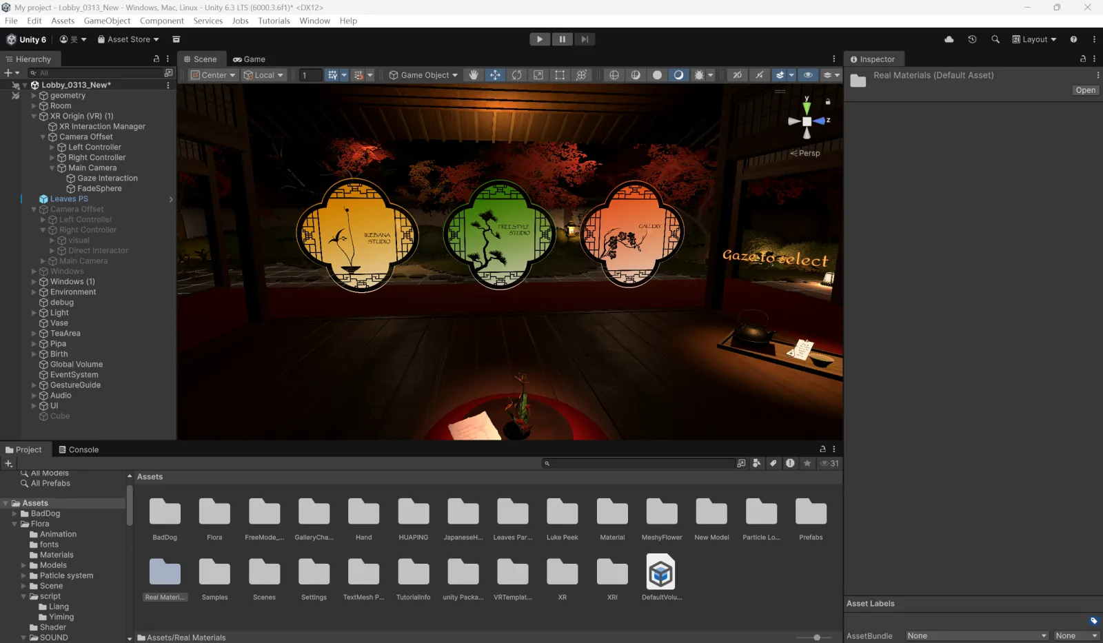 Unity editor: the lobby with three moon windows and the scene hierarchy